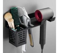 Ensemble porte-sèche-cheveux noir, à fixation murale, en aluminium, avec support pour prise et tablette