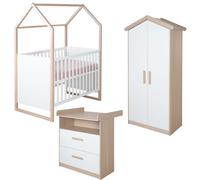 Ensemble pour chambre de bébé Cabane 3 pièces roba - Lit bébé et lit d'appoint 60 x 120 cm + table à langer + armoire pour enfants 2 portes en forme de maison - Blanc/Reproduction chêne