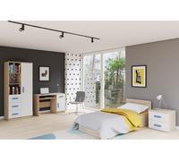 Ensemble pour chambre d'enfant Armoire Étagère murale Commode Bureau avec poignées bleues Sonoma/blanc sans matelas Jonas III 01
