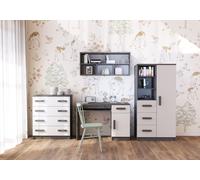 Ensemble pour chambre d'enfant Étagère Étagère murale Commode Bureau Gris/Blanc avec poignées grises Jonas I 05