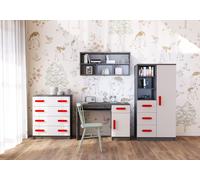 Ensemble pour chambre d'enfant Étagère murale Commode Bureau gris/blanc avec poignées rouges Jonas I 05