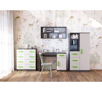 Ensemble pour chambre d'enfant Étagère murale Commode Bureau gris/blanc avec poignées vertes Jonas I 05