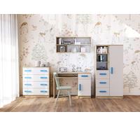 Ensemble pour chambre d'enfant Étagère murale Commode Bureau Sonoma/blanc avec poignées bleues Jonas I 05