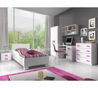 Ensemble pour chambre d'enfant Lit Armoire Étagère murale Commode Bureau Table de nuit Blanc/Blanc avec poignées roses sans matelas Jonas I 01