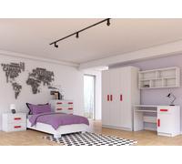 Ensemble pour chambre d'enfant Lit Armoire Étagère murale Commode Bureau Table de nuit Blanc/Blanc avec poignées rouges et matelas Jonas IV 01 M