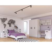 Ensemble pour chambre d'enfant Lit Armoire Étagère murale Commode Bureau Table de nuit Blanc/Blanc avec poignées grises et matelas Jonas IV 01 M