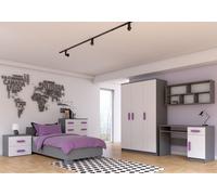 Ensemble pour chambre d'enfant Lit Armoire Étagère murale Commode Bureau Table de nuit Gris/Blanc avec poignées roses sans matelas Jonas IV 02