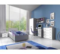 Ensemble pour chambre d'enfant Lit Armoire Étagère murale Commode Bureau Table de nuit Gris/Blanc avec poignées blanches sans matelas Jonas II 01