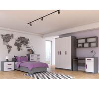 Ensemble pour chambre d'enfant Lit Armoire Étagère murale Commode Bureau Table de nuit Gris/Blanc avec poignées couleur erica et matelas Jonas IV 02 M