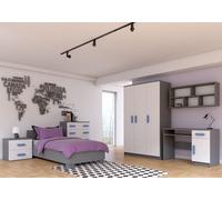 Ensemble pour chambre d'enfant Lit Armoire Étagère murale Commode Bureau Table de nuit Gris/Blanc avec poignées bleues sans matelas Jonas IV 02