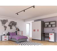 Ensemble pour chambre d'enfant Lit Armoire Étagère murale Commode Bureau Table de nuit Gris/Blanc avec poignées rouges sans matelas Jonas IV 02