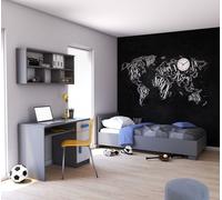 Ensemble pour chambre d'enfant Lit, étagère murale, bureau gris/blanc avec poignées bleues sans matelas JONAS V3