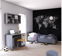 Ensemble pour chambre d'enfant Lit, étagère murale, bureau Gris/Blanc avec poignées Erikafarbiegen sans matelas JONAS V3