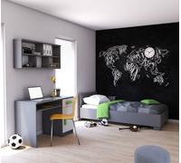 Ensemble pour chambre d'enfant Lit, étagère murale, bureau gris/blanc avec poignées vertes et matelas JONAS V3