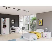 Ensemble pour chambre d'enfant Lit, table de nuit, armoire-étagère, bureau blanc/blanc avec poignées couleur Erika et matelas JONAS I 01