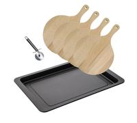Ensemble pour pizza avec une plaque de cuisson four, 4 planches à pizza rondes et une roulette à pizza Fackelmann
