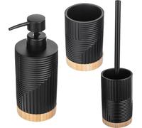 Ensemble pour salle de bain - Ensemble 3 pièces - Brosse WC avec support - Distributeur de savon - Gobelet pour brosse à dents - Noir avec détails en bois