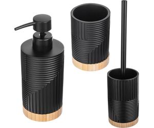 Ensemble pour salle de bain - Ensemble 3 pièces - Brosse WC avec support - Distributeur de savon - Gobelet pour brosse à dents - Noir avec détails en bois