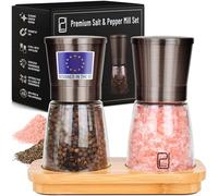 Ensemble Premium Moulins à Sel et Poivre avec Support en Bambou - 142 g, Acier Inoxydable Bronze Noir - Moulin Manuel Rechargeable et Réglable - par PJC-Kitchen