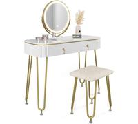Ensemble professionnel de coiffeuse LED avec miroir et roulettes - Blanc brillant, 100 x 126 cm