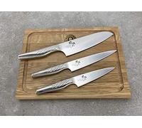 Ensemble professionnel Kai Seki Magoroku Shoso | Couteau tout acier | Couteau de chef + 2 x couteaux tout usage + planche en chêne 30x22 cm prix public : 199, €