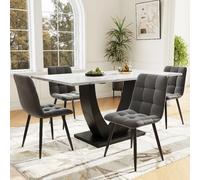 Ensemble repas 5 pièces FC071AWD, table 140×80×75.5 cm MDF marbre blanc, blanc/gris/noir
