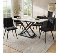 Ensemble repas 5 pièces, table extens. 120-160×80×75 cm MDF marbre blanc, blanc+noir