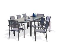 Ensemble repas 8 à 12 places en aluminium et plateau verre