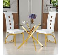Ensemble repas 88 cm EVRYAE - table ronde en verre trempé, 2 chaises en PU pour petits espaces - Transparent, Blanc et Or