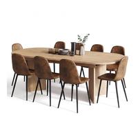 Ensemble repas 9 pièces - FURNITURER - Table extensible 140-180 cm - 8 chaises faux suède - Bois clair / métal noir