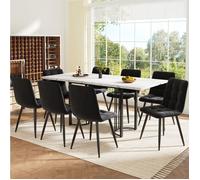 Ensemble repas 9 pièces table à manger extensible - TCQPZ - 8 chaises plateau MDF marbre blanc métal noir 140×80×75 5 cm