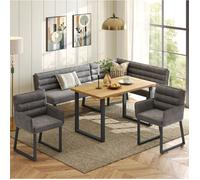 Ensemble repas banquette d'angle EVRYAE avec table 140 x 80 cm et 2 chaises, chenille gris et MDF décor chêne