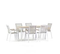 Ensemble repas de jardin avec table rectangulaire 160x90 cm, 6 chaises avec accoudoirs en aluminium, textilène et polywood Noè+Deva