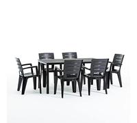 Ensemble repas de jardin ou d'extérieur pour 6 personnes anthracite effet bois, table rectangulaire en acier peint avec lattes en polyéthylène, 6 chaises empilables en polypropylène - Thomas & Anita