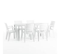 Ensemble repas de jardin ou d'extérieur pour 6 personnes effet bois blanc, table rectangulaire en acier peint avec lattes en polyéthylène, 6 chaises empilables en polypropylène - Thomas & Anita
