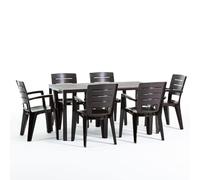 Ensemble repas de jardin ou d'extérieur pour 6 personnes effet bois moka, table rectangulaire en acier peint avec lattes en polyéthylène, 6 chaises empilables en polypropylène - Thomas & Anita