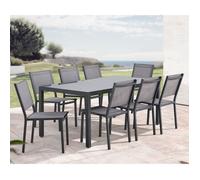 Ensemble repas de jardin : Table 180 cm + 8 chaises - Structure aluminium - Plateau verre trempé - Gris