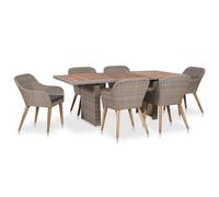 Ensemble repas extérieur 7 pièces, avec coussins, résine tressée marron, acier poudré, bois d'acacia, table 200x100x74 cm, 6 chaises