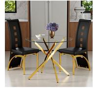 Ensemble repas noir et transparent de diamètre 88 cm x H 75 cm, table verre trempé + 2 chaises PU, pieds métal