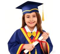 Ensemble robe de remise de diplôme et casquette pour enfants de 5 à 18 ans avec nœud papillon et pompon bleu marine avec bordure rouge et dorée