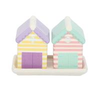 Ensemble salière et poivrière en forme de cabane de plage pastel | Céramique avec plateau assorti | Décoration de cuisine en bord de mer | Idée cadeau côtière