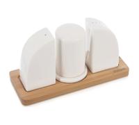 Ensemble salière et poivrière en porcelaine - ORION - 4 pièces - Support en bois de bambou - 45 ml