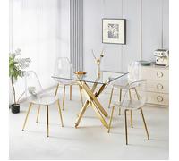 Ensemble salle à manger - 1 table + 4 chaises - Métal & velours - Pieds dorés - Dossier haut ergonomique
