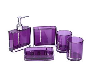 Ensemble Salle de Bain 5 Pièces Acrylique Violet | Résine robuste, Facile à nettoyer, Accessoire pour invités, Distributeur et porte-brosse, Décoration hôtel, Gobel
