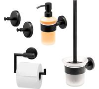 Ensemble salle de bain bremermann PIAZZA BLACK - Accessoires de salle de bain 4 pièces : porte-papier toilette, brosse de toilette, distributeur de savon, crochets porte-serviettes