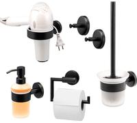 Ensemble salle de bain bremermann PIAZZA BLACK - Accessoires de salle de bain 5 pièces : porte-papier toilette, brosse WC, distributeur de savon, crochet porte-serviettes, support pour sèche-cheveux