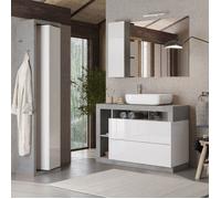 Ensemble meuble vasque 110cm + colonne pivotante blanc et aspect béton - ARTURO -