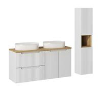 Ensemble Salle de bain Meuble double vasques + plateau effet chêne 120 cm + Colonne - A portes + tiroirs - Astral Blanc