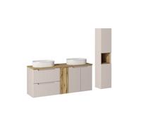 Ensemble Salle de bain Meuble double vasques + plateau effet chêne 140 cm + Colonne - A portes + tiroirs - Astral Beige