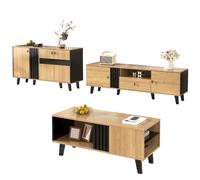 Ensemble salon 100/60/45 170/40/50,5 noir et bois en verre et panneaux avec LED
